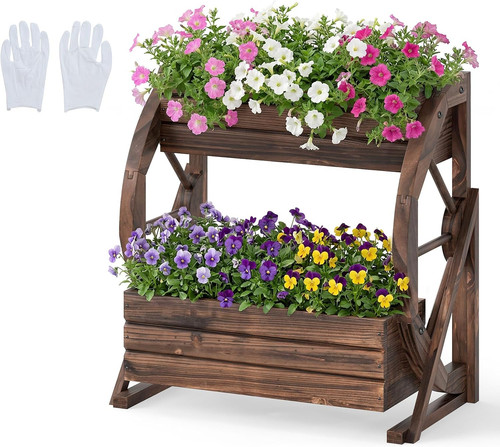 Wood wagon planter - box,, 2-tier